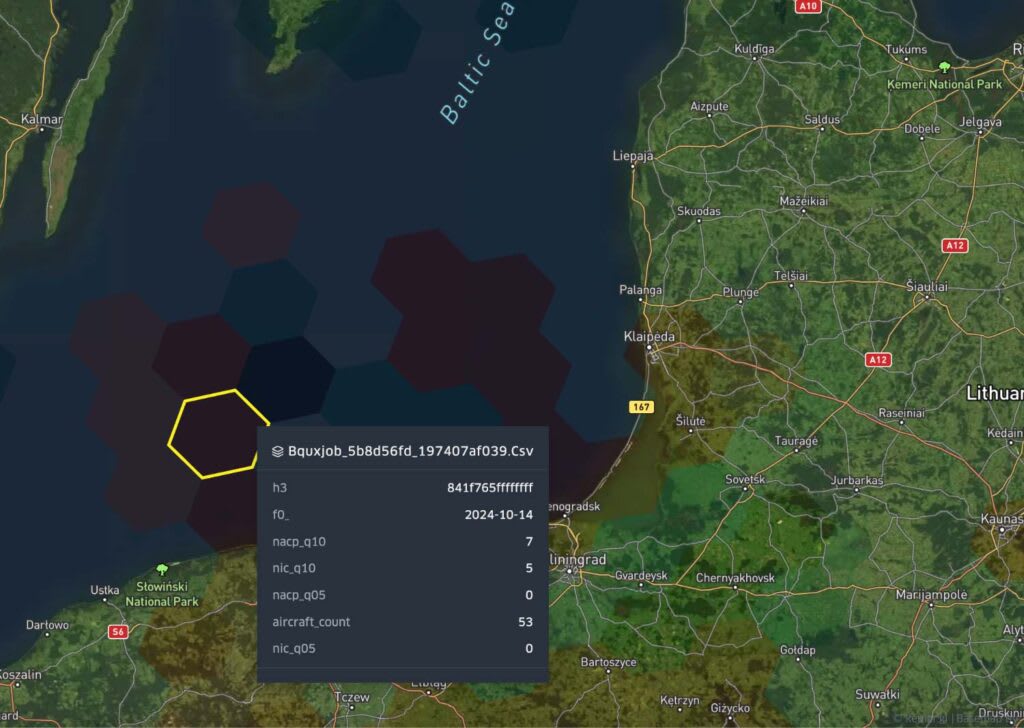 Interférences GNSS relevées par Spire Global au large de Kaliningrad, octobre 2024