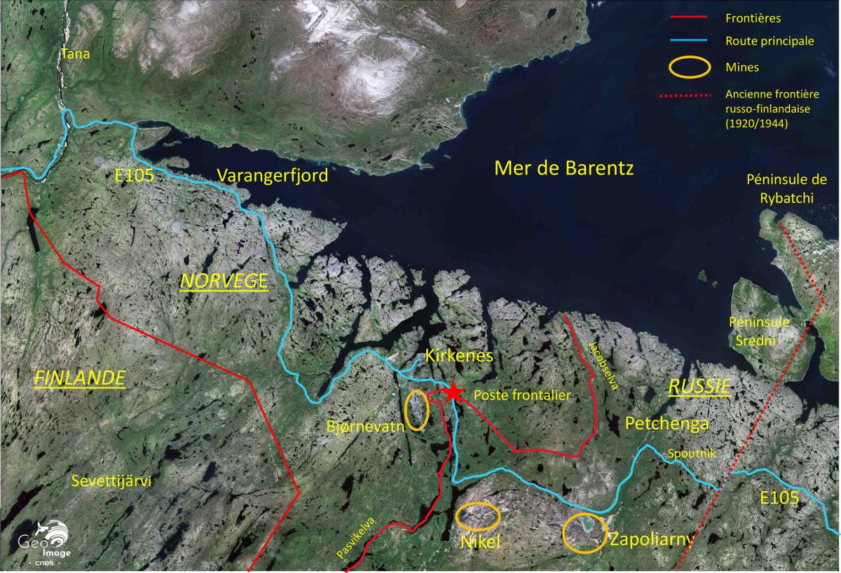 Sentinel-2 satellite view of the Kirkenes-Pechenga border area, between Norway and the Russian Kola Peninsula
