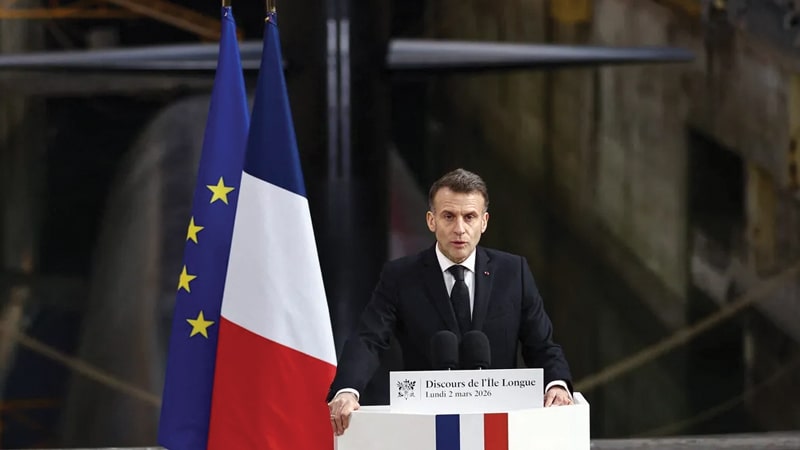 Emmanuel Macron delivers the speech on nuclear deterrence at the Île Longue base on 2 March 2026
